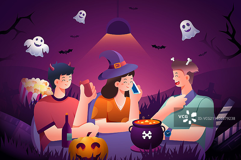 卡通万圣节派对庆祝西方节日娱乐休闲活动剧本杀年轻青年学生朋友聚会购物电商促销鬼怪角色扮演渐变矢量插画图片素材