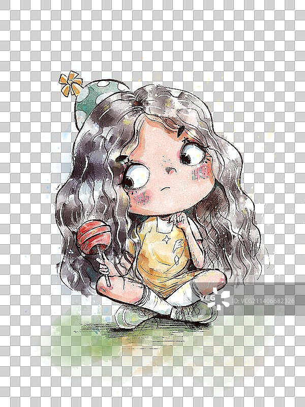 水彩吃棒棒糖的长卷发女孩图片素材