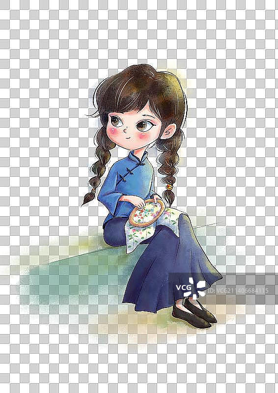 水彩少女民国闺秀绣花双辫子图片素材