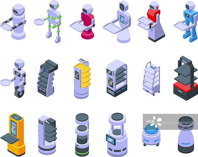 机器人服务员等距图标集图片素材