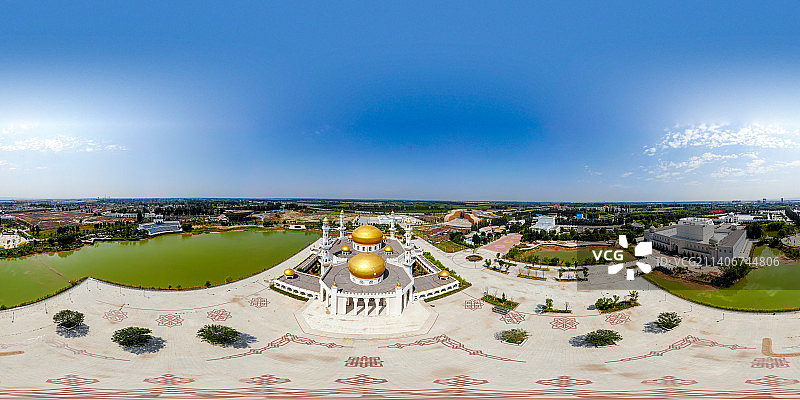 “小行星视角”航拍宁夏银川中华回乡文化园（永宁文化园）金色礼仪大殿720全景图 VR全景照片图片素材