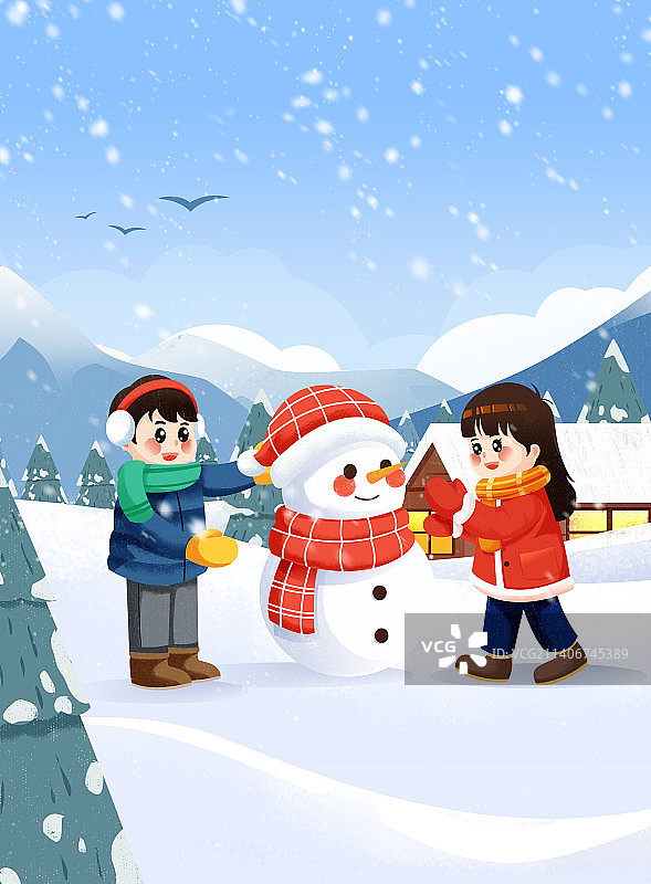 二十四节气大雪户外儿童堆雪人插画图片素材