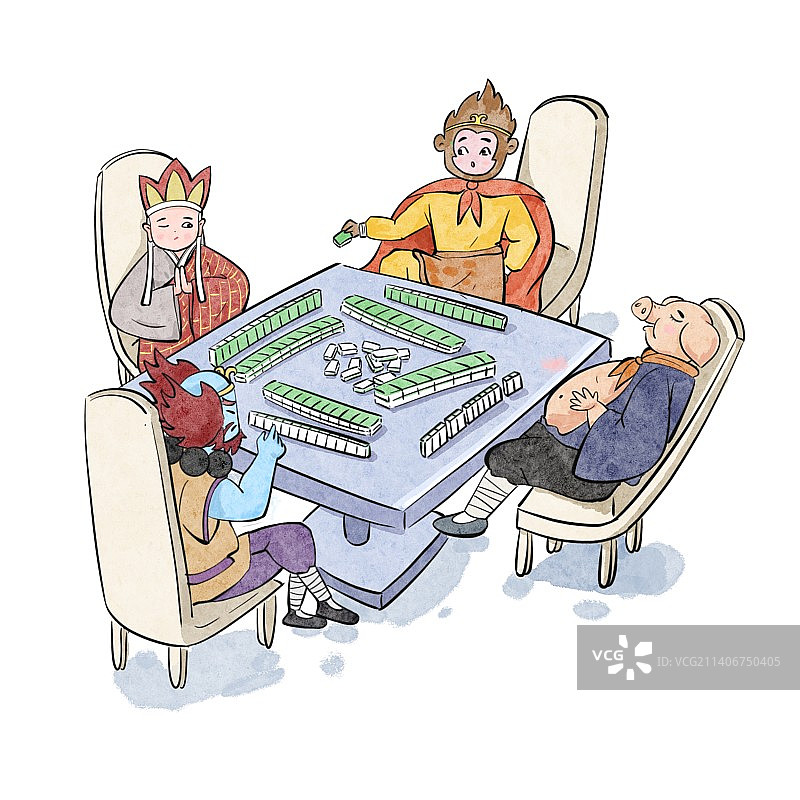 西游记插画之打麻将图片素材