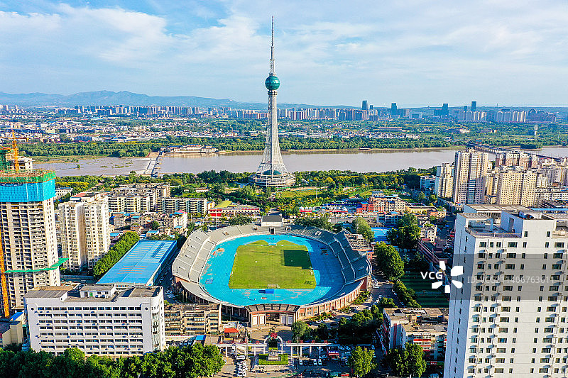 航拍河南洛阳中原明珠广播电视塔 洛阳西工体育场 洛河河畔图片素材