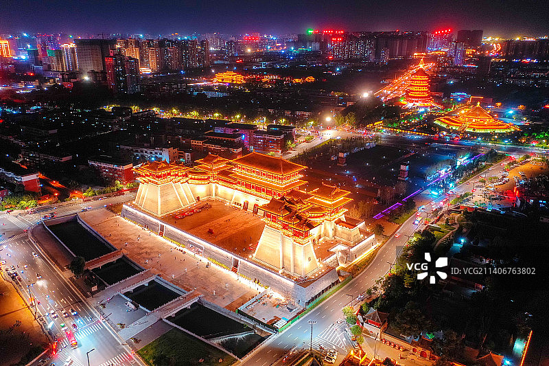 航拍河南洛阳隋唐洛阳城应天门遗址夜景灯光秀图片素材