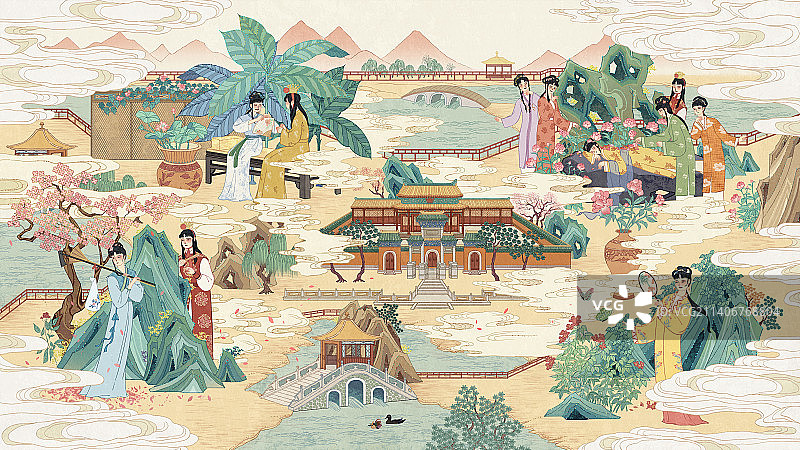 中国风名著插画红楼梦黛玉葬花宝钗扑蝶湘云卧芍晴雯撕扇图片素材