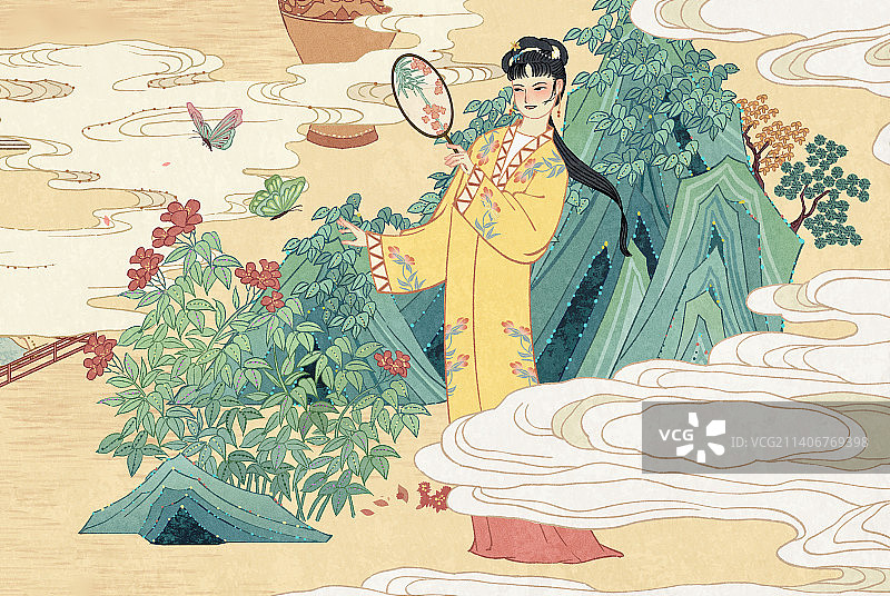 中国风名著插画红楼梦黛玉葬花宝钗扑蝶湘云卧芍图片素材