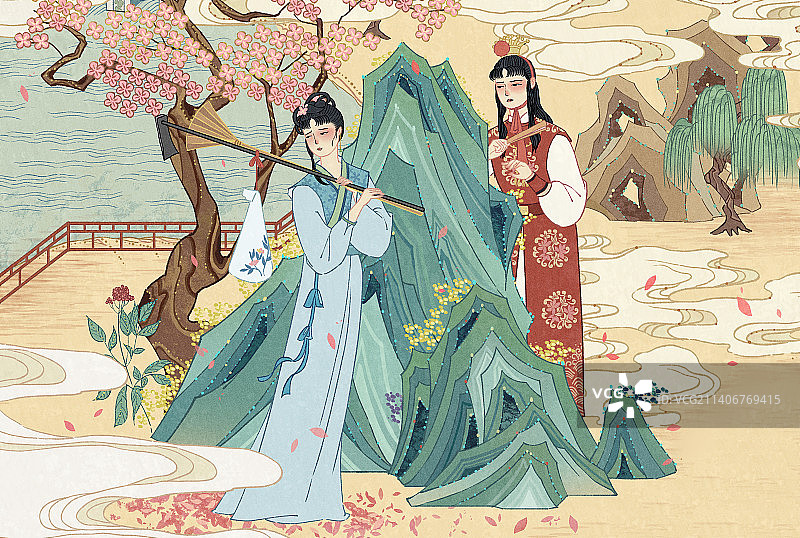 中国风名著插画红楼梦黛玉葬花宝钗扑蝶湘云卧芍图片素材