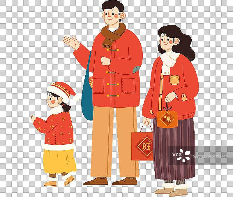 手绘可爱一家三口去拜年图片素材