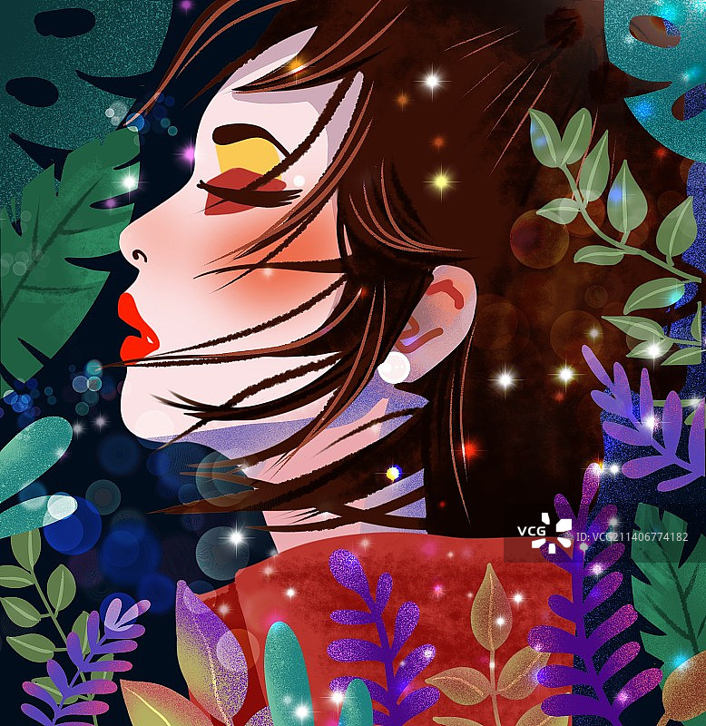 扁平肌理风格花丛中侧面脸的女人图片素材