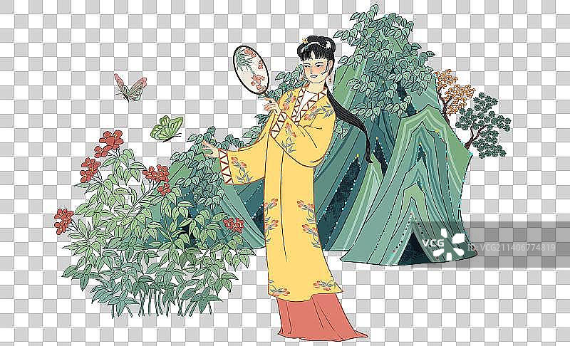 中国风名著插画红楼梦黛玉葬花宝钗扑蝶湘云卧芍图片素材