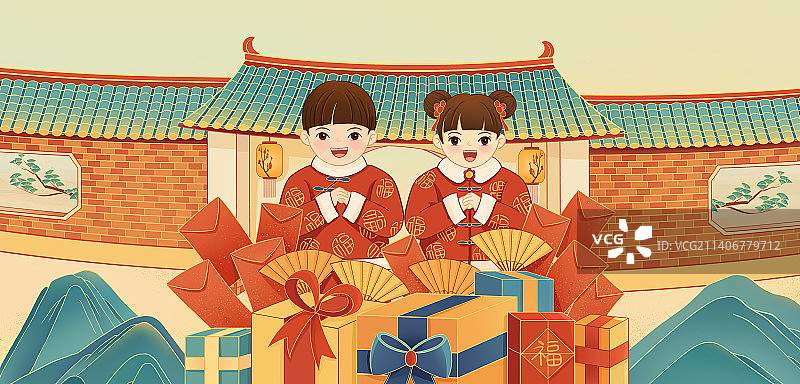 儿童拜大年横版图片素材