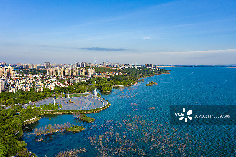 航拍河南省平顶山市白龟湖国家城市湿地公园 平顶山白龟山水库图片素材