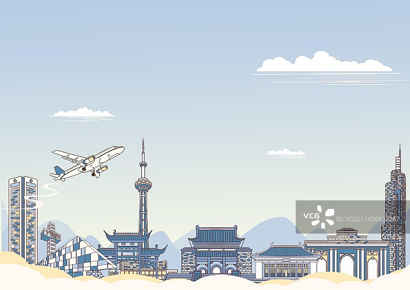 南京城市地标建筑简约背景插画图片素材