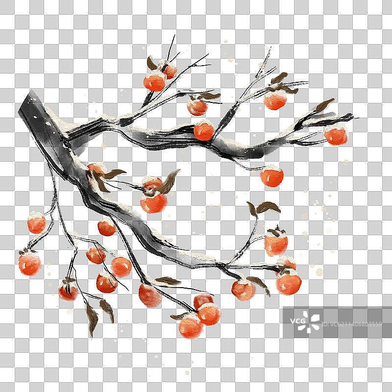 免扣国风水墨手绘柿子树图片素材
