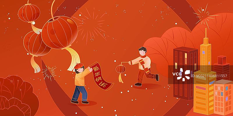 新年春节国风国潮红色氛围插画图片素材