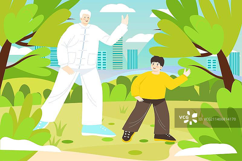 卡通节日节气春天春季季节老年人晨练锻炼养生运动休闲放松电商户外建筑城市商务海报宣传扁平矢量插画图片素材