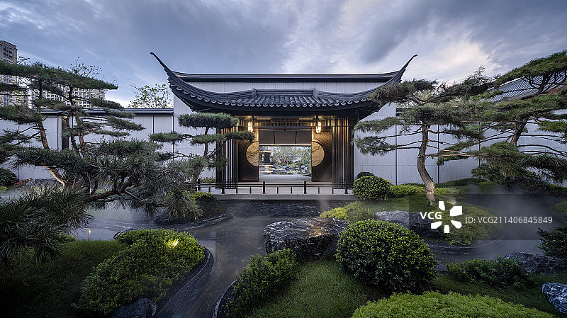 高档中式别墅园林景观图片素材