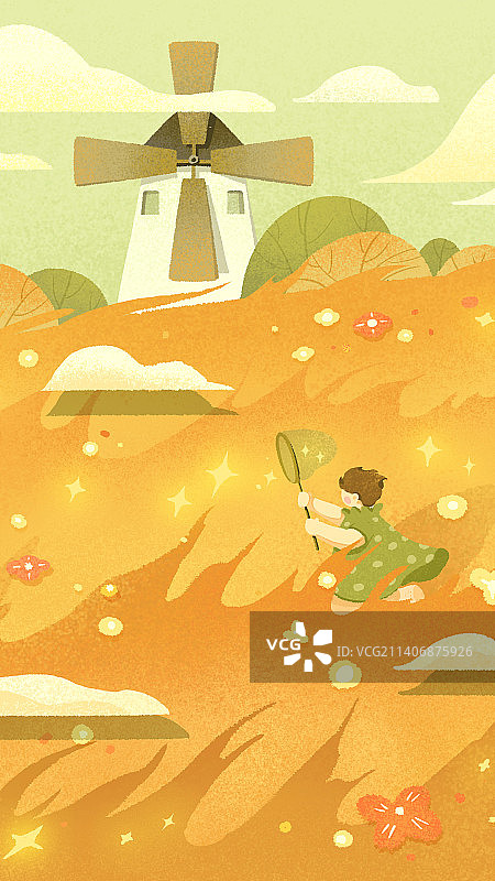 田野拿着捕网奔跑的小孩与旋转的风车图片素材