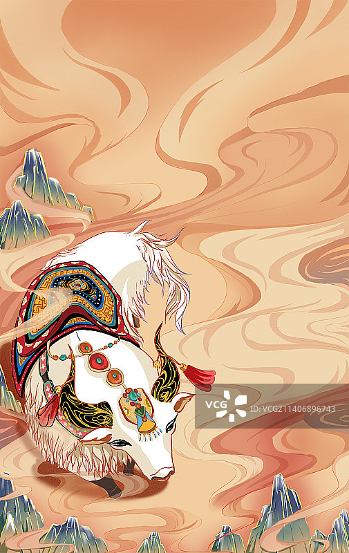 雪山下的白色牦牛国风治愈插画图片素材