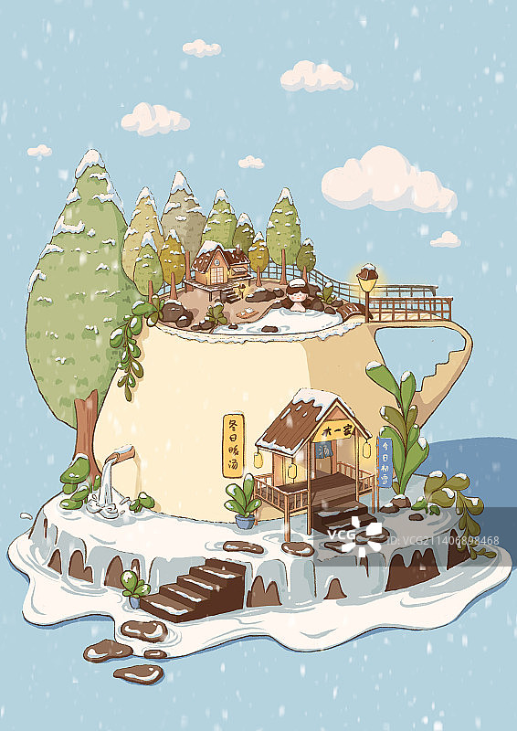 冬日暖汤|初雪天气最适合在林间温泉小屋泡汤啦图片素材