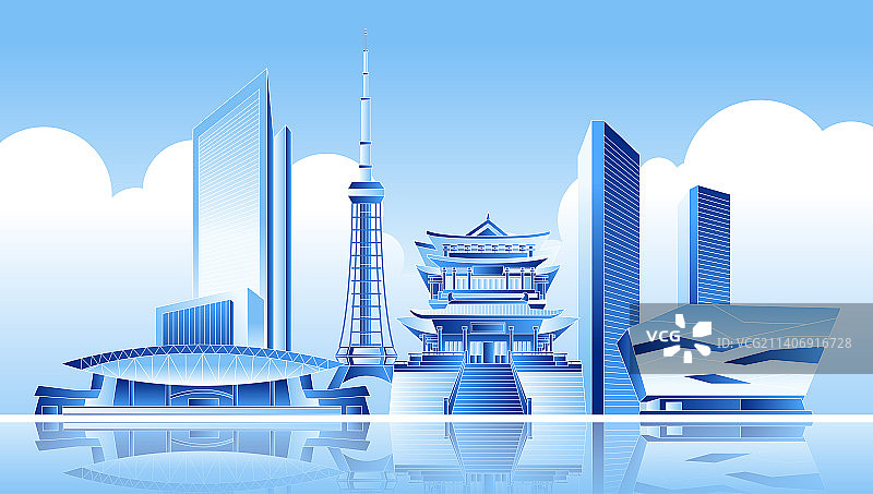 蓝色泰州城市标志建筑矢量插画图片素材