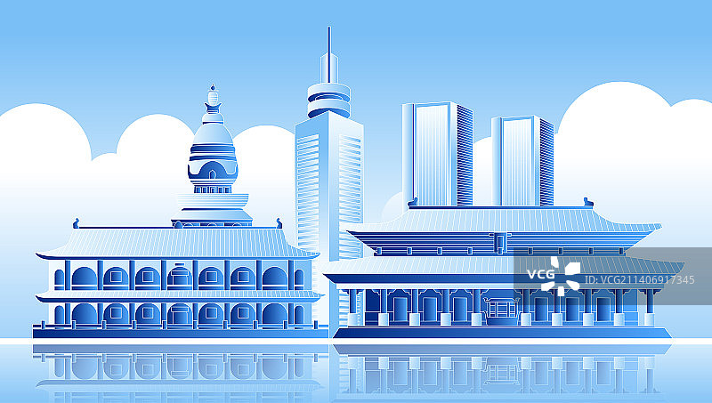 蓝色济宁城市标志建筑矢量插画图片素材
