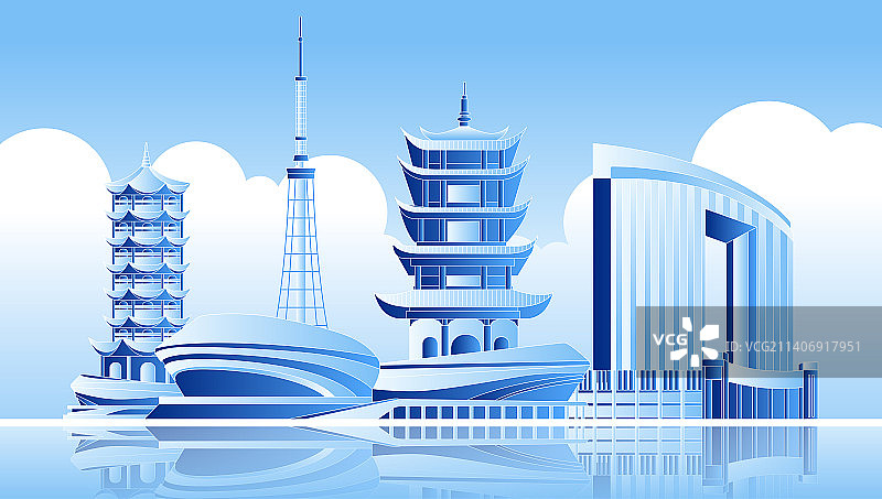 蓝色孝感城市标志建筑矢量插画图片素材