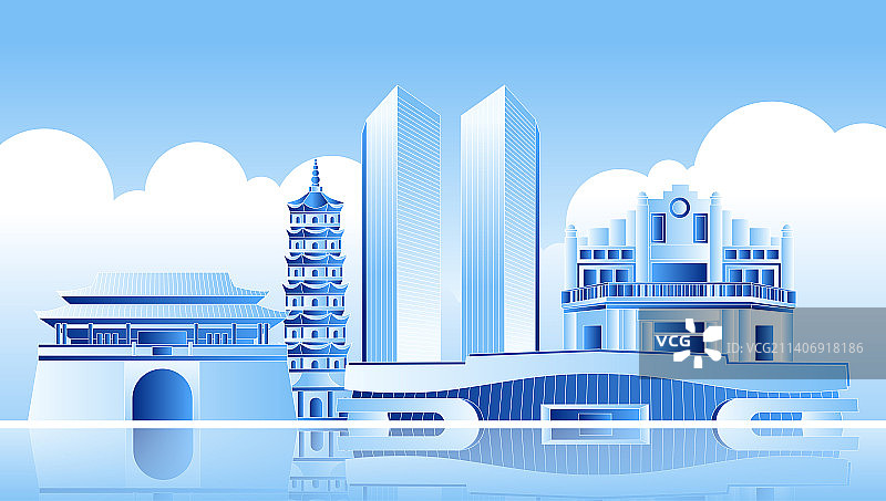 蓝色安庆城市标志建筑矢量插画图片素材