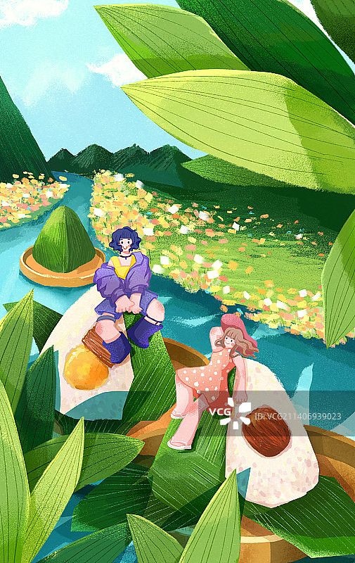 端午粽子与可爱少女图片素材