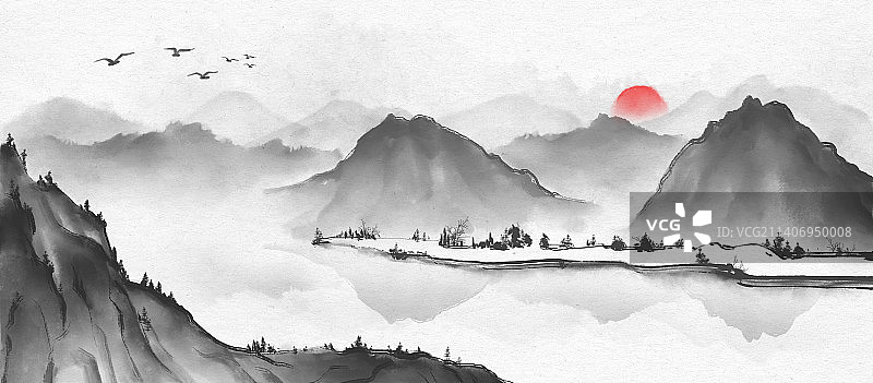 国风水墨山水手绘插画图片素材