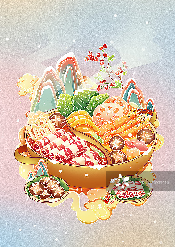 国潮风立冬羊肉火锅美食节气插画图片素材