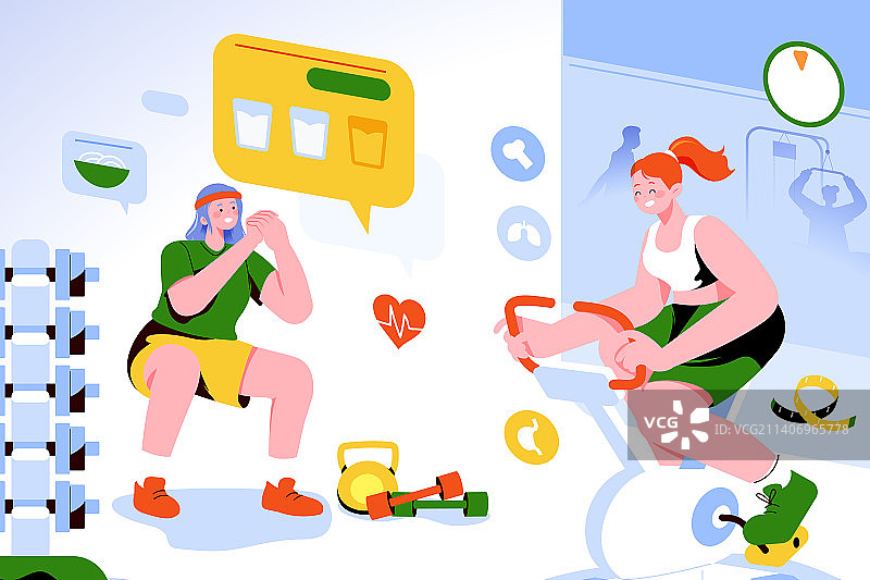 卡通电商购物运动健身减脂增肌塑形身材健康生活方式饮食私教课程双十二促销商务城市消费券渐变矢量插画图片素材