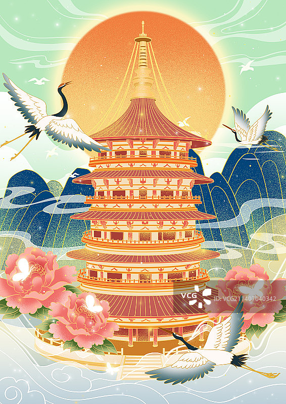 国风建筑插画—洛阳天堂图片素材