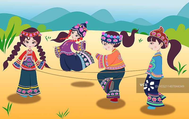 跳皮筋的彝族姑娘民族风插画图片素材