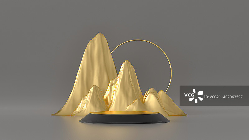 3D新中式抽金色山脉空间展示图片素材