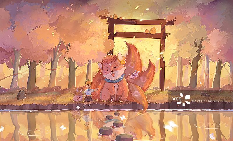 夕阳照进神秘的灵狐林图片素材