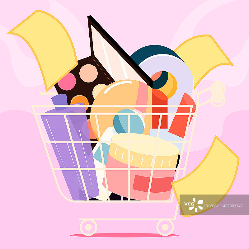 装满化妆品的购物车电视促销矢量插画素材图片素材