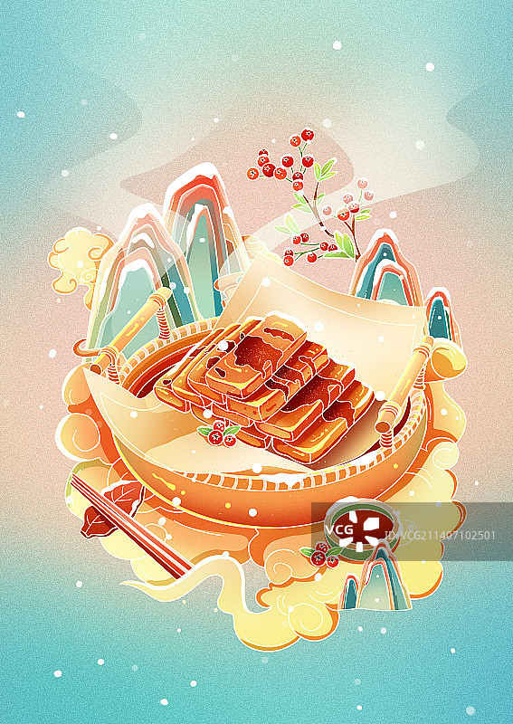 国潮风小雪节气糍粑美食插画图片素材