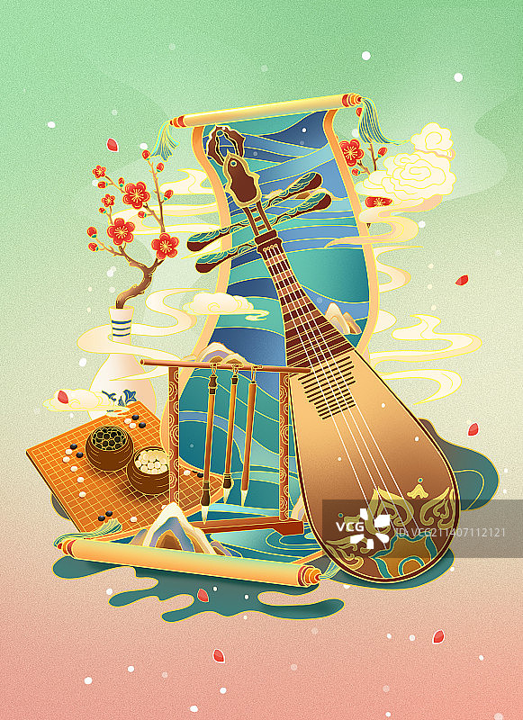 国潮风琴棋书画插画图片素材