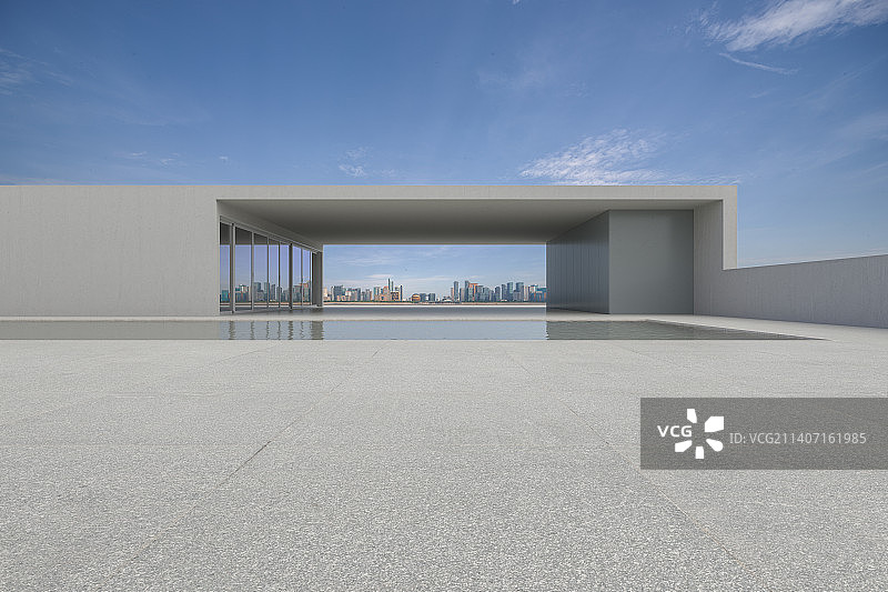 现代_别墅_泳池_城市天际线图片素材