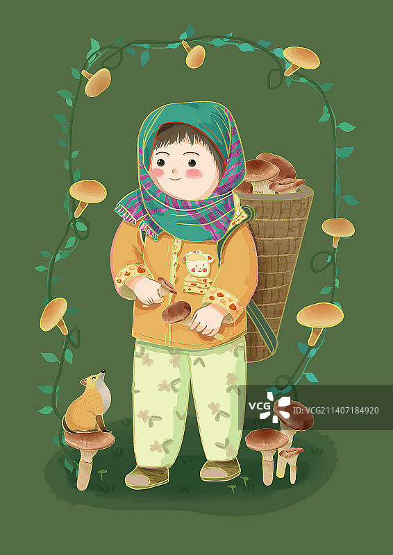 采蘑菇的小姑娘可爱女孩背篓图片素材
