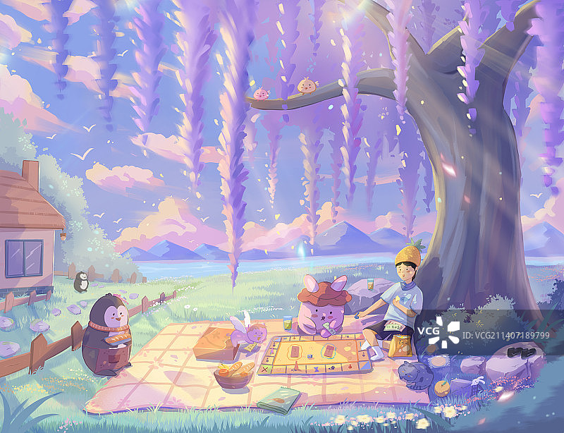 紫藤树下一起玩游戏图片素材