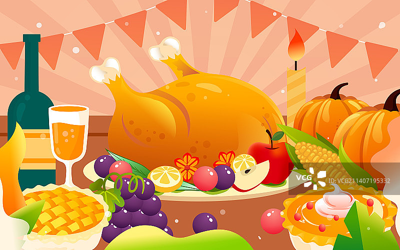 感恩节火鸡食材温暖晚餐美味菜肴聚餐插画图片素材