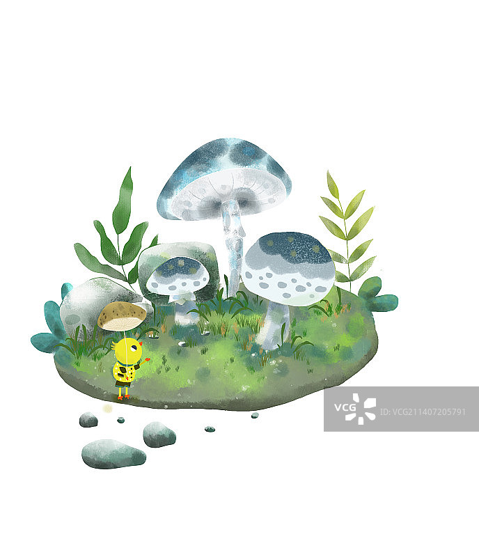 盟小鸡打着蘑菇伞看到了森林一角的蘑菇小森林图片素材