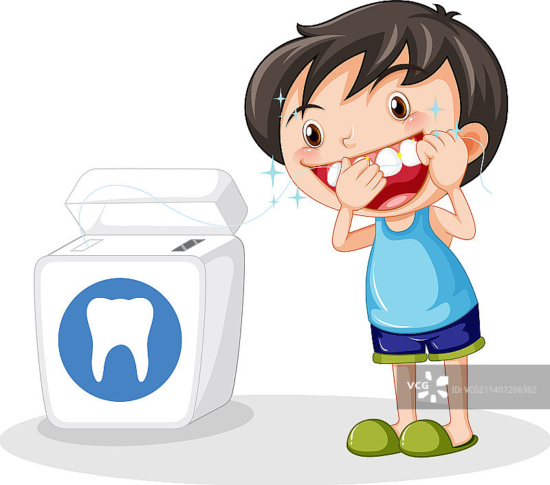 可爱男孩卡通人物用牙线清洁牙齿图片素材
