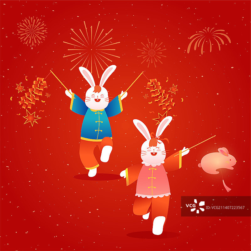 兔子拿着鞭炮花灯贺新春节日矢量插画海报图片素材