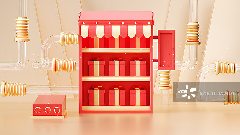 C4D红色立体几何电商展台背景图片素材