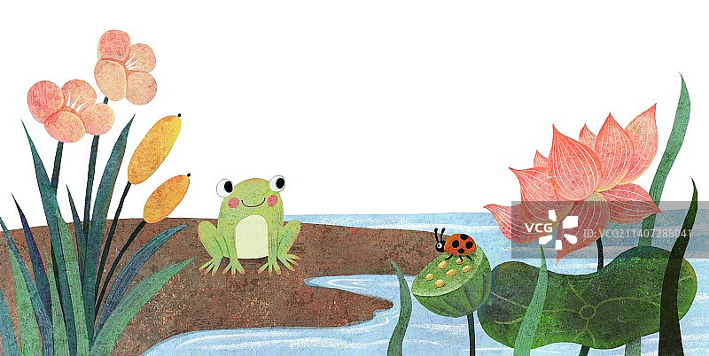 拼贴手绘风荷塘青蛙和荷花图片素材