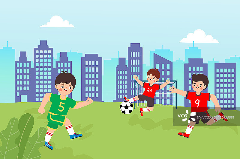 少年儿童快乐地踢足球矢量插画图片素材